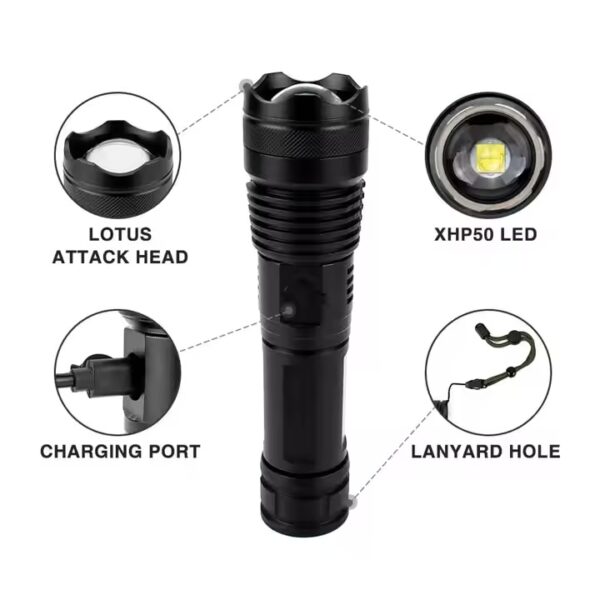 LIN1-8-3.jpeg Linterna tactica led aluminio xhp50, recargable, batería 18650 battery (LIN-1-9)